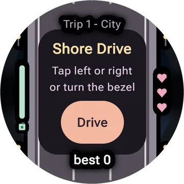 Shore Drive playing on a round watch screen, view 1
