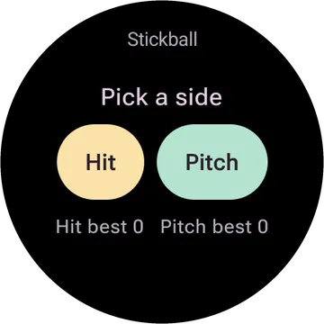 Stickball playing on a round watch screen, view 1